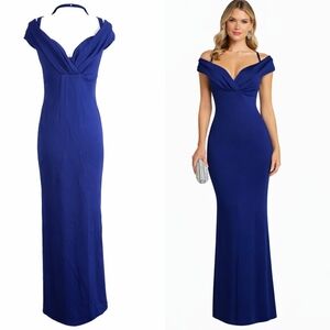 Nookie Athena Off Shoulder Navy Maxi Gown Back Slit Formal Evening Dress S